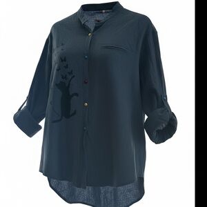 Button-Front Cat & Butterflies Print Tunic Blouse Linen